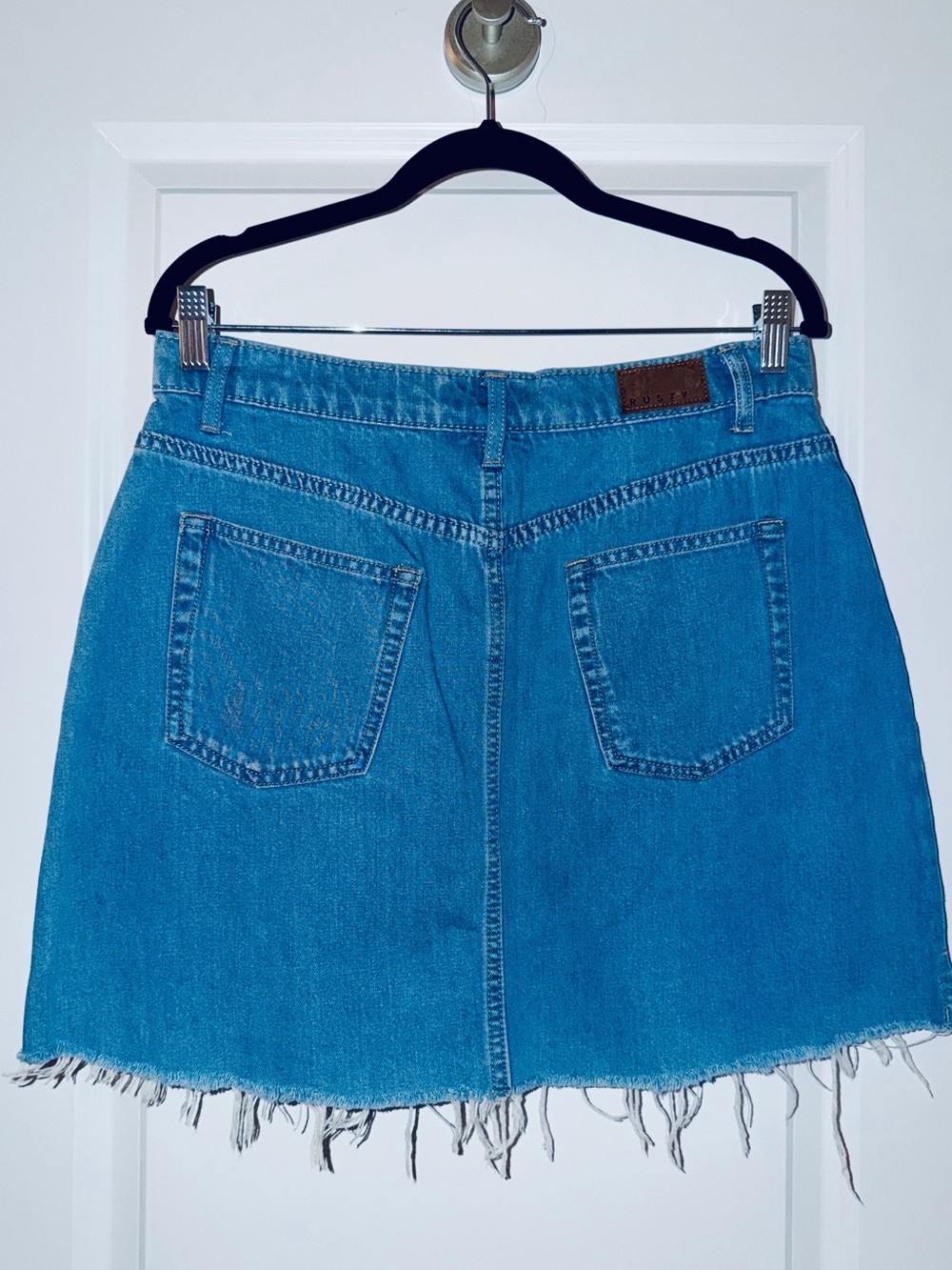 Rusty Australia Blue Denim Frayed Hem Mini Skirt, Size 8 - Picture 3 of 4